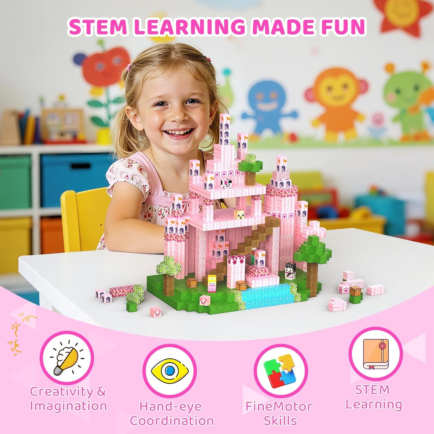 100 PCS Pink Magnetic Building Blocks Set