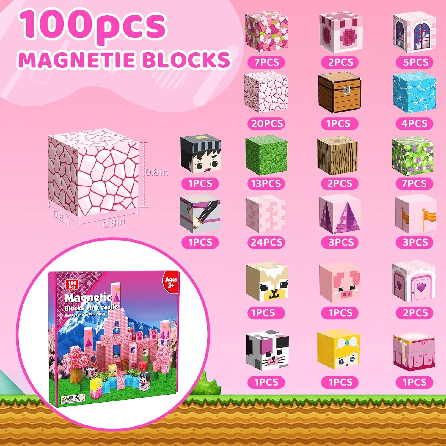 100 PCS Pink Magnetic Building Blocks Set